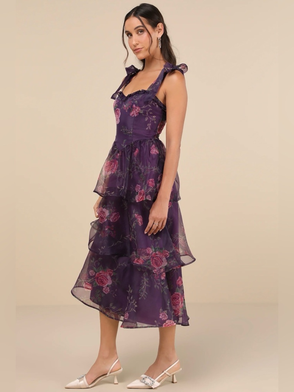 Lulus romantic Purple Floral Tiered Midi Dress